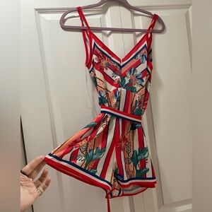 Bold Flying Tomato Wrap Around Romper Women’s Small EUC, Floral and Stripes